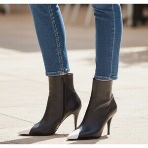 SAINT LAURENT JAM 90 STILETTO BLACK/WHITE POINTED TOE HIGH HEEL ANKLE BOOTS 10.5